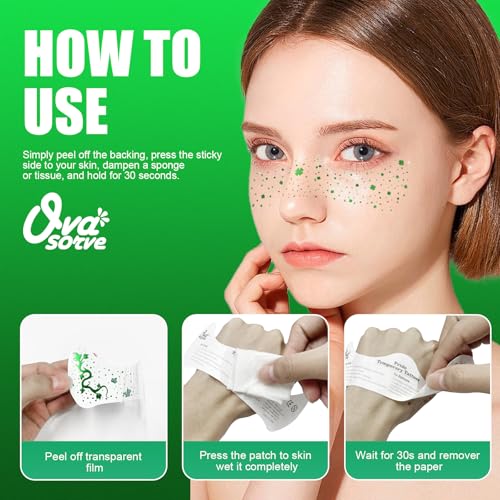 Green Glitter Shamrock Temporary Tattoos - 8 Sheets Waterproof Face Stickers