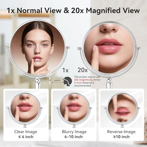GURUN 8-inch Tabletop Makeup Mirror, 1X/20X Magnifying Vanity Mirror, 360¡Æ Rotation Dual-Sided Makeup Mirror, Ideal Gift for Women Chrome Finish M2310(8in,20X)