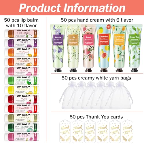 AZEN 50 Sets Bulk Gifts, Hand Cream and Lip Balm Bulk Set with Organza Bag Thank You Card, Baby Shower Wedding Gifts for Guests, Bridal Wedding Favors, Valentines Gift for Women