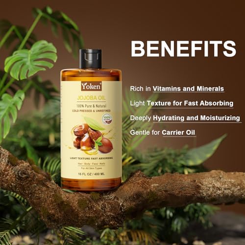 Yoken 100% Pure Jojoba Oil (EWG Verified, 1 Gallon) Organic Jojoba Oil Bulk Cold Pressed Unrefined Hexane Free Virgin Golden Jojoba Carrier Oil for Hair Skin Nails Massage Natural Face Moisturizer