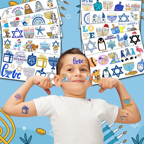 Cute Hanukkah Temporary Tattoos 10 Sheets 100 PCS Kwanzaa Party Decorations Favors Supplies Hanukkah Theme Birthday Stickers Halloween Gifts for Boys Girls Kids Class School Prizes Carnival Christmas