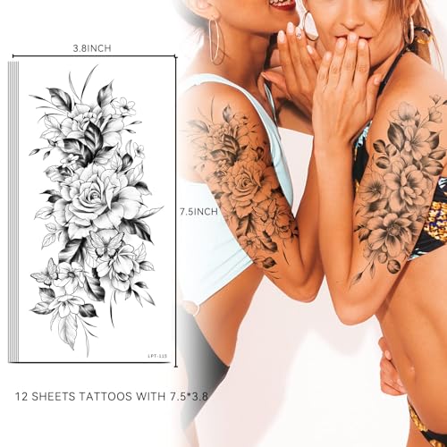 EMOME 12 Sheets Flower Temporary Tattoos for Women