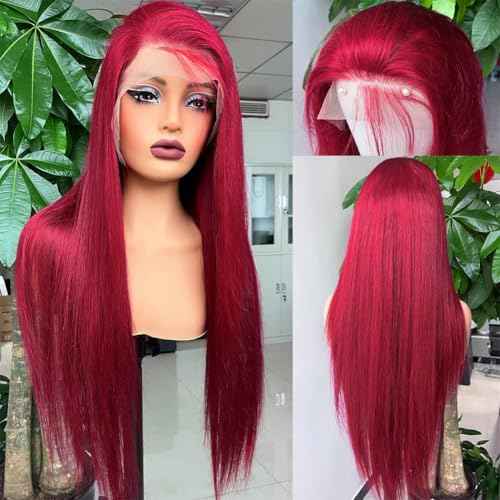 SOSATISFY 26 Inch 99J Burgundy Lace Front Wigs Human Hair 200 Density 13x4 HD Lace Front Wigs Straight Lace Wigs for Black Women Glueless Wig Pre Plucked Bleached Knots with Baby Hair