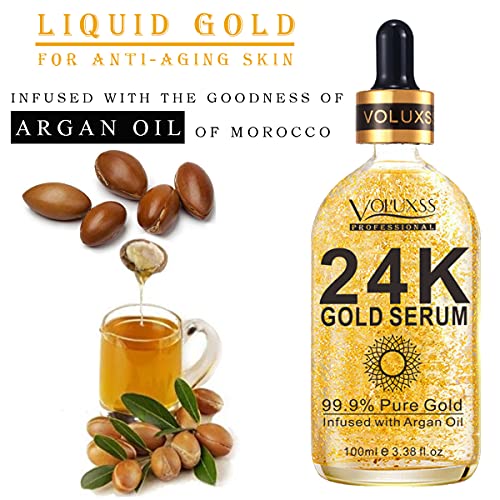 Voluxss 24K Gold Serum for Face, Skin Brightening Anti Aging Moisturizer with Vitamin C, Hyaluronic Acid & Argan Oil for Dark Spots & Fine Lines, Korean Skin Care Glow Collagen Booster Serum 3.38fl.oz