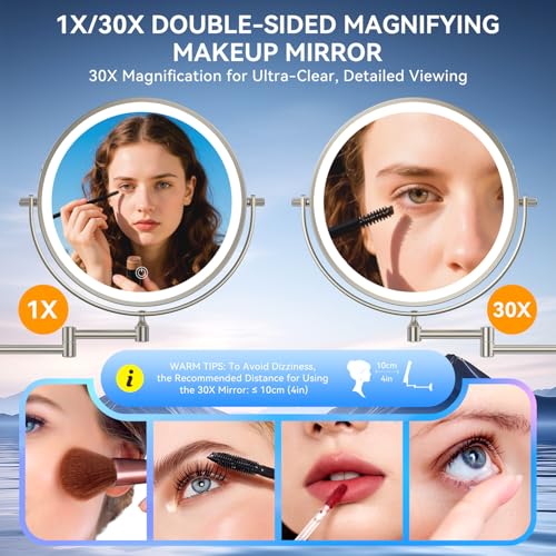 9'' 30X/1X Wall Mounted Lighted Makeup Mirror, 5000mAh Rechargeable Double-Sided Magnifying Mirror with Light, Vanity Mirror Touch Dimmable 3 Colors 360¡Æ Rotation Extended Foldable Arm, Power Adapter