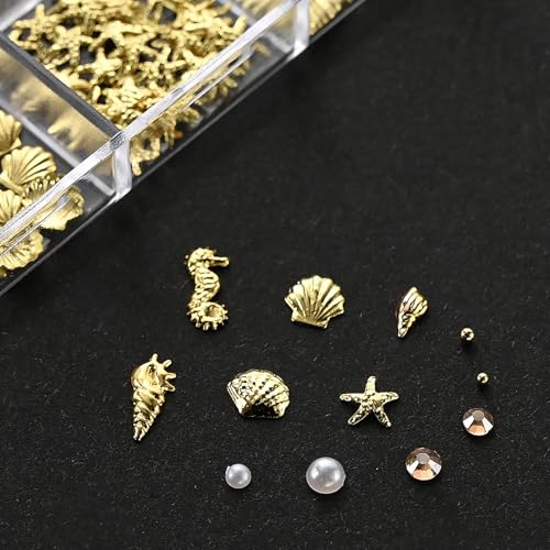 12-Grid Gold Ocean Nail Charms Set - Seashell & Starfish Designs