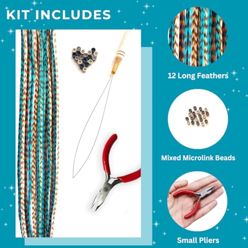 Feather Hair Extension Kit with Rooster Feathers & Tools