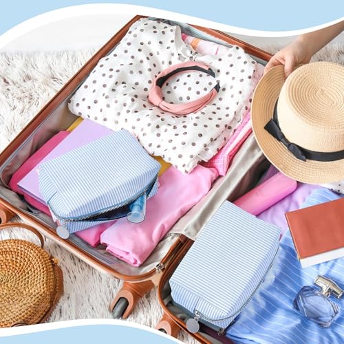 Light Blue 12Pcs Seersucker Makeup Bag Bulk Travel Cosmetic Organizer for Women