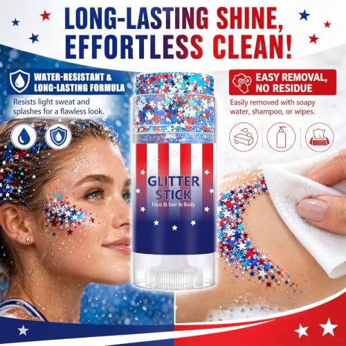 Patriotic Red White and Blue Glitter Stick for Face & Body