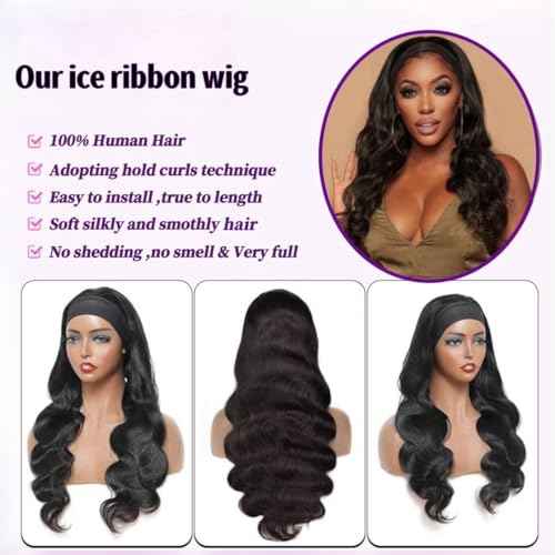 Human Hair Headband Wig Body Wave Real Hair Head Band Wigs for Black Women 100% Brazilian Human Hair Wear and Go Glueless Wigs 150% Density Machine Made Half Straight Wig Natural Color