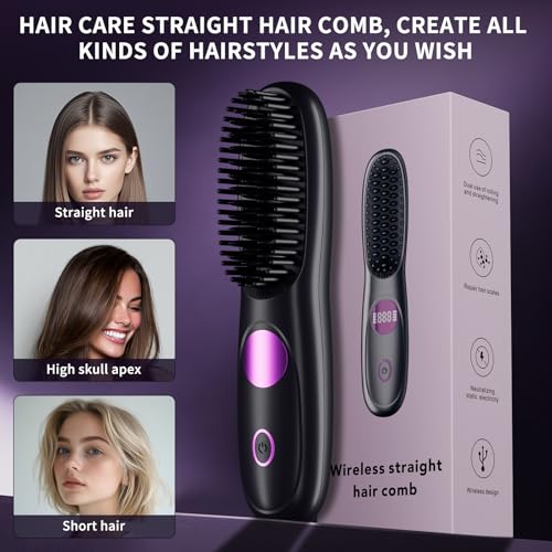 Cordless Portable Hair Straightener Brush with LCD Display & 3 Heat Settings