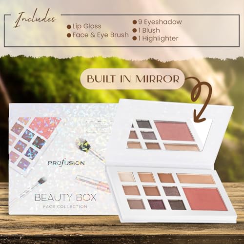 Profusion Cosmetics Beauty Box Face Collection - Compact Full Face Palette with Neutral Eyeshadows, Blush, Highlighter, Lip Gloss & 2 Application Brushes With Built-In Mirror, Vegan & Cruelty-Free