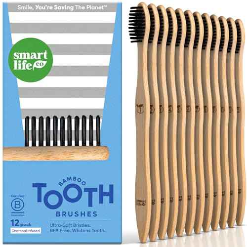SmartLifeco Charcoal Bamboo Toothbrushes - Extra Soft Natural Bristles for Adults & Kids Teeth | Zero Waste Bulk Wooden Tooth Brush Travel Kit | BPA Free, Eco-Friendly, Vegan - (12 Pack)