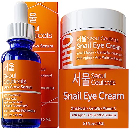 Korean Vitamin C Serum + 97.5% Snail Mucin Eye Cream Set for Glowing Skin & Youthful Eyes