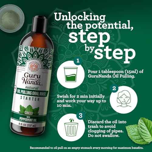GuruNanda Starter Pulling Oil Mouthwash for Natural Teeth Whitening, Coconut and Peppermint Oil for Fresh Breath & Happy Gums, Alcohol-Free, 8 Oz