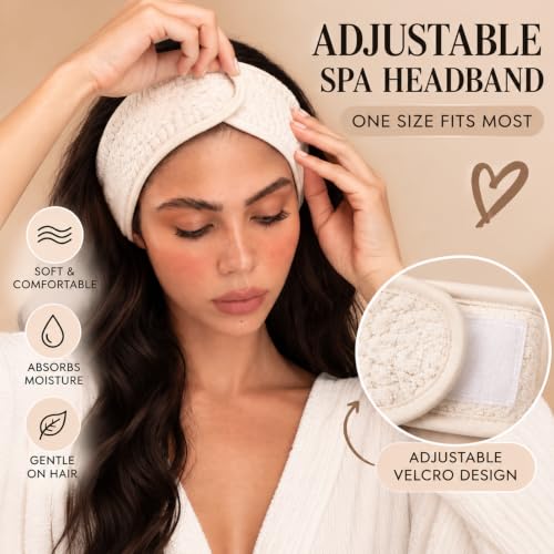 Huachi 4-Pack Adjustable Spa Headbands for Women, Soft Water-Absorbing Coral Fleece, Peach, Beige, Light Gray, Light Green