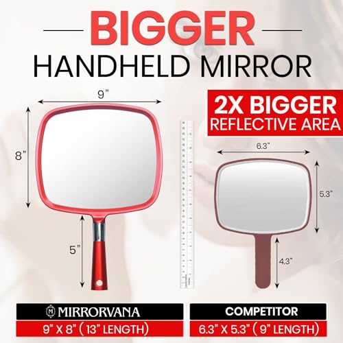 MIRRORVANA Professional Large & Comfy Hand Mirror with Ergonomic Handle for Women - Premium Sparkling Red Model (1-Pack)