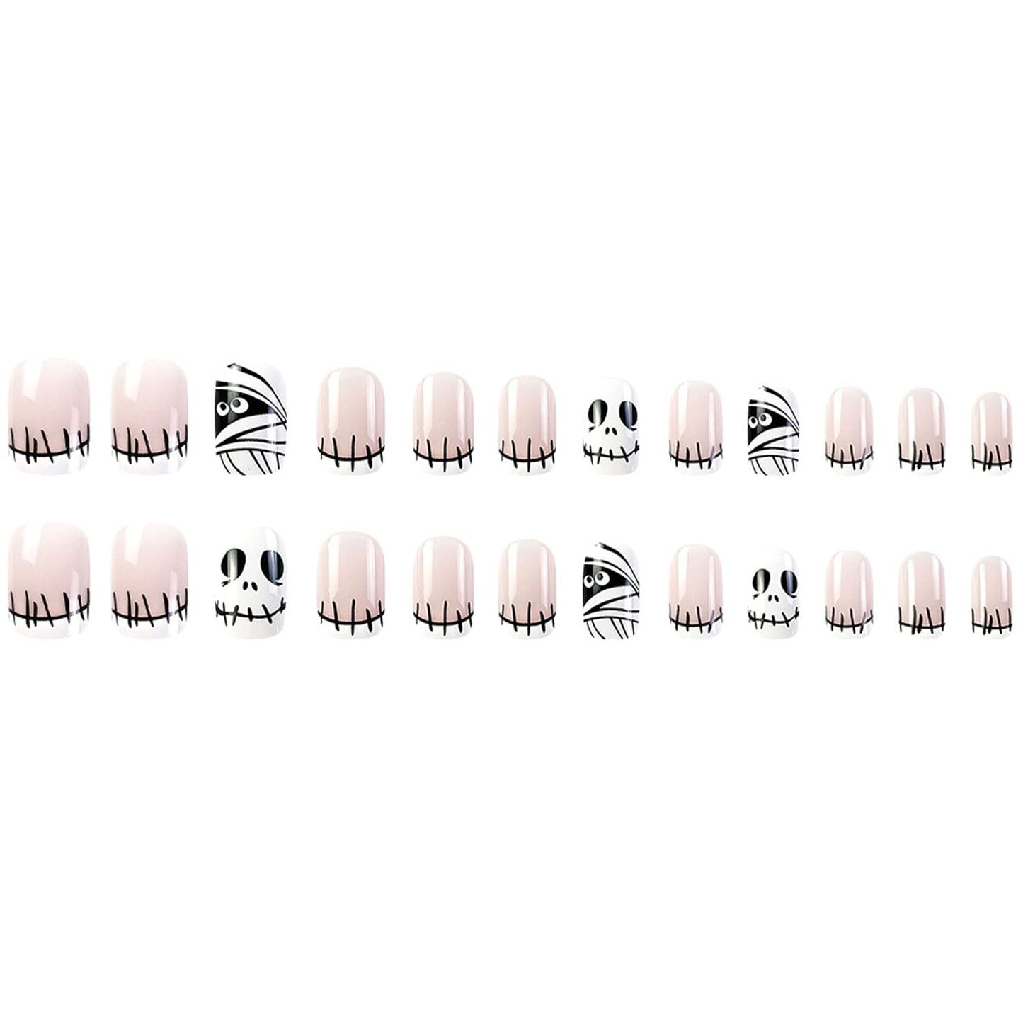 Halloween Press on Nails Short Fake Nails with Skull Designs Square White Full Cover Acrylic Nails Mummy Glue on Patches Nails Cute Halloween Stick on Nails for Women 24 Pcs