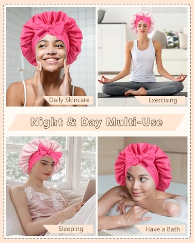 AWAYTR Satin Sleep Bonnet for Sleeping, Adjustable Double Layer Rose Pink