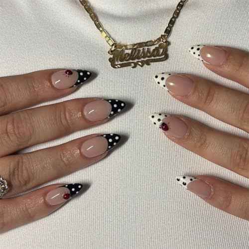 Polka Dot Press on Nails Medium Almond Nails Press on with Insects Bugs Design Glossy Black White French Tips Glue on Nails Reusable Full Cover Dots Nail Fall Winter Fake Nail for Women Manicure 24Pcs