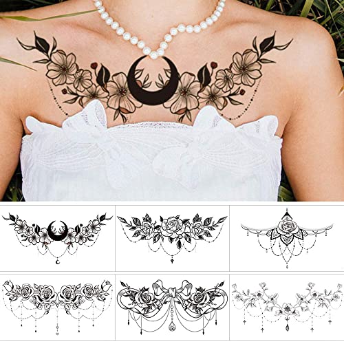 GLARYYEARS Temporary Tattoos for Women | 6-Pack Waterproof Black Floral