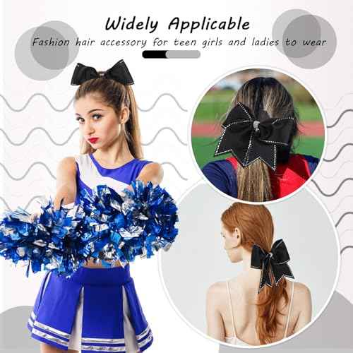 2 Packs Jumbo Cheerleading Bow 8 Inch Large Cheer Hair Bows with Ponytail Holder for Teen Girls Softball Outfit Uniform(Rhinestone Black)