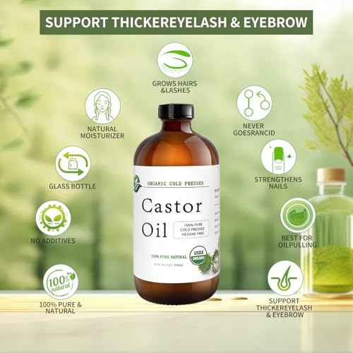Castor Oil-Castor Oil Organic Cold Pressed Unrefined Glass Bottle-Organic Certified 100% Pure Castor Oil,Hexane Free,Organic Castor Oil for Face,Hair Growth,Eyelashes,Caster 16.91fl.oz/500ml