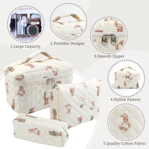 Large Quilted Makeup Bag for Women and Girls, Cute Coquette Floral Cotton Cosmetic Bag, Aesthetic Travel Organized Toiletry Bags (06-beige bears)