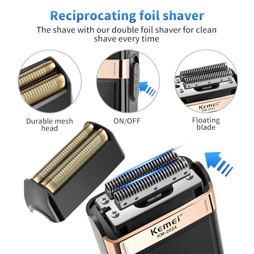 KEMEI Professional Hair Clippers for Men, Cordless Barber Clipper T-Blade Beard Trimmer Foil Shaver Set, Rechargeable Electric Fade Clipper Hair Cutting Kit, KM-1071, KM-2299, KM-2024
