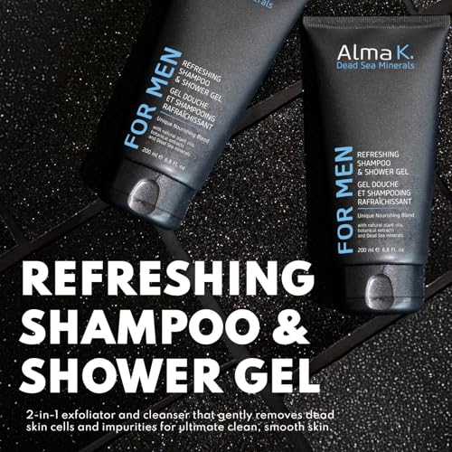 Alma K Refreshing Shampoo and Shower Gel - 2 in 1 Mens Body Wash and Clarifying Shampoo - Antioxidant-Rich with Argan Oil, Dead Sea Minerals - 6.8 oz