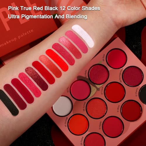 Afflano Red Eyeshadow Palette Makeup, Ultra Pigmented and Blending Bright Dark Hot True Red Black Eye Shade 12 Color, Cruelty Free Velvet Matte Shimmer Warm Fall Sunset Pink Goth red Eye Shadow Pallet