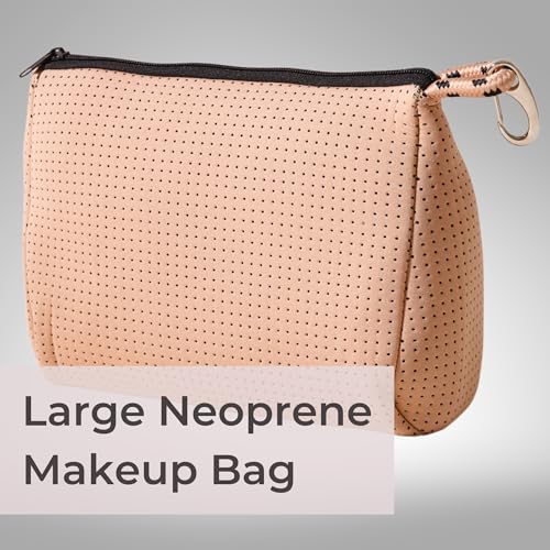 Large Waterproof Neoprene Makeup Bag with Zipper - Tan