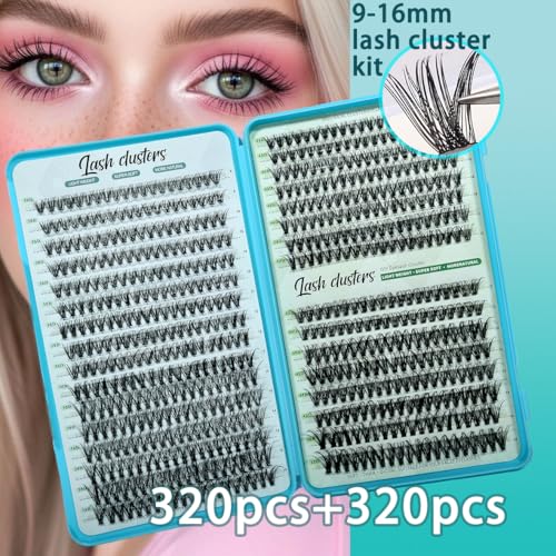 Wispy Lash Clusters Kit 640pcs Eyelash Cluster Extensions 30D+40D Curl Individual False Eyelashes Natural Fluffy Mink Lash Clusters Extension Kit (9-16mm with Lash Bond&Seal,Brush,Tweezers)