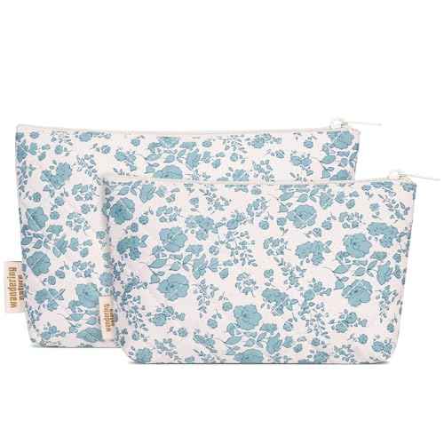 Wandering Nature Makeup Bag Small Cosmetic Bag for Purse 2 Pack Small Make Up Pouch Cute Travel Pouch with Zipper for Women, Blue Flower