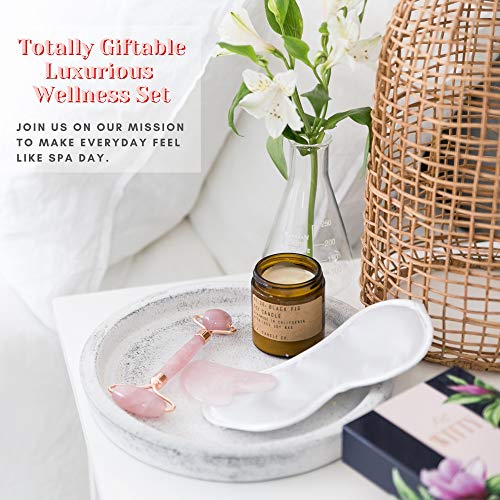 WITTY Rose Quartz Roller for Face, Gua Sha Stone Set in Hand-Drawn Giftbox - Jade Face Roller, Massager Roller, Face Scraper Tool - Guasha Tool for Face Roller Skin Care, Eyes, Neck - Extra Pouch