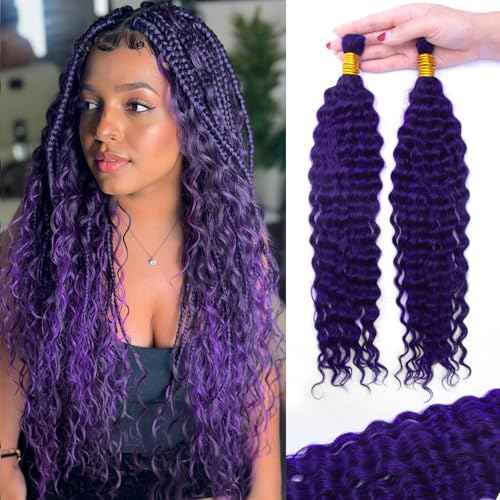 KRN Purple Human Braiding Hair for Boho Braids 110g 12A Deep Curly Purple Braiding Hair Knotless Boho Braids 100% Virgin No Weft Extensions Human Hair 2Bundles/Pack Dark Purple Color 16Inch