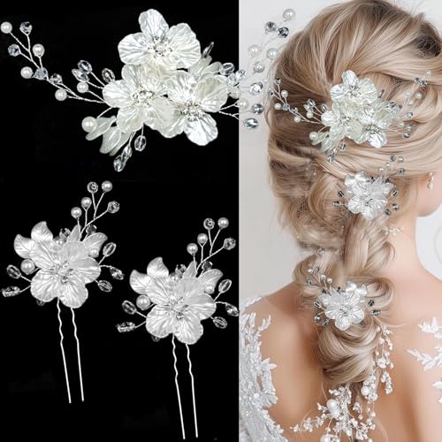 Bridal Flower Hair Clips & Pins Set - Crystal Pearl Wedding Headpiece