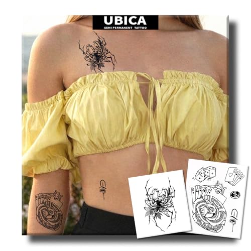 Semi Permanent Tattoos, 2 Sheets Realistic Temporary Tattoos for Women, Fake Tattoos for Wrist Hand, Waterproof No Reflective, Lasts 2 Weeks (Chicano Lucky Charm & Dark Spider Flower)