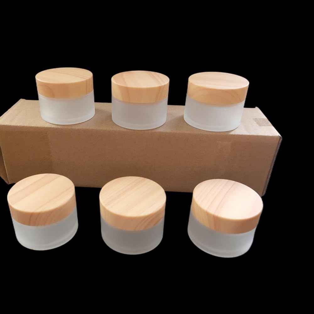 1 Oz Frosted Glass Cosmetic Containers with Wood Grain Lids, 30ml Travel Empty Makeup Jar Pot Box, Refillable Sample Jars for Lotion Face Cream Lip Balm Eyeshadow Storage (30 Grams, 6 Pack)