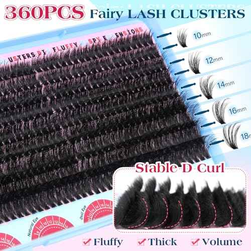 calphdiar Cluster Eyelash Extensions 70D Lash Clusters 360PCS Individual Lashes Fluff Eyelash Clusters D-curly Wispy Lashes Clusters 10-18mm DIY Eyelashes Fairy False Lashes Extension