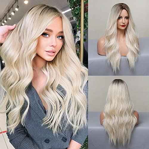 Long Blonde Wigs for Women 26 Inches Ombre Blonde Wig with Dark Roots Synthetic Wig Loose Wavy Wigs Cosplay Daily