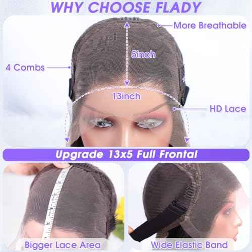 Flady 24 inch HD Lace Front Wigs Human Hair 13x4 Pre Plucked Bleached Knots Lace Front Wig 180% Bone Straight Human Hair Wigs for Black Women Glueless Transparent Lace Frontal Wigs Human Hair