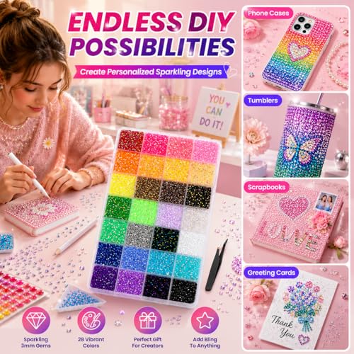 EONFAVE 34000 Pcs Rhinestone Kit, 3mm Flatback Gems, 28 Colors