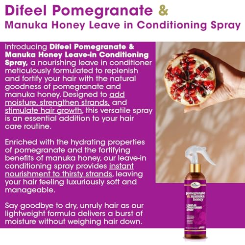Difeel Pomegranate & Manuka Honey Shampoo & Conditioner 4-PC Set - Includes 33.8oz Shampoo, 33.8oz Conditioner, 8oz Leave in Spray and 7.1oz Hair Oil