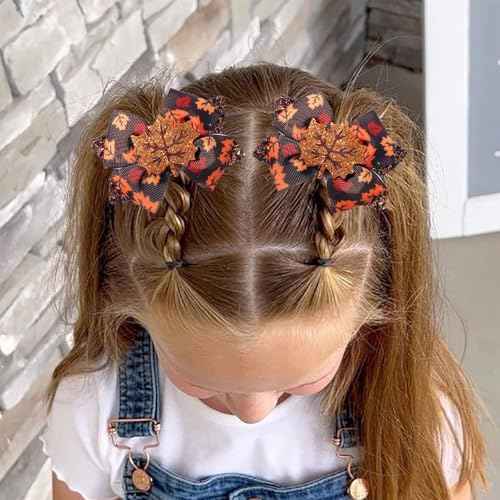2Pcs Fall Thanksgiving Hair Bow Clips Glitter Maple leaf Hair Bows Alligator Barrettes Autumn Grosgrain Ribbon Hair Accessories Cute Hairpin for Thin Thick Hair Thanksgiving Hair Decoration for Girls