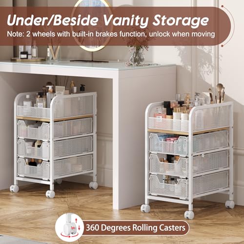 Narrow Rolling Makeup Cart Organizer with 3 Drawers - White