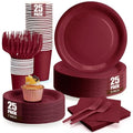 CENLBJ Burgundy Party Supplies Set for 25 Guests - Includes Disposable Plates, Cups, Napkins & Forks, 25-Count