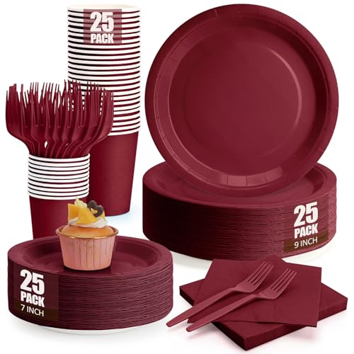 CENLBJ Burgundy Party Supplies Set for 25 Guests - Includes Disposable Plates, Cups, Napkins & Forks, 25-Count