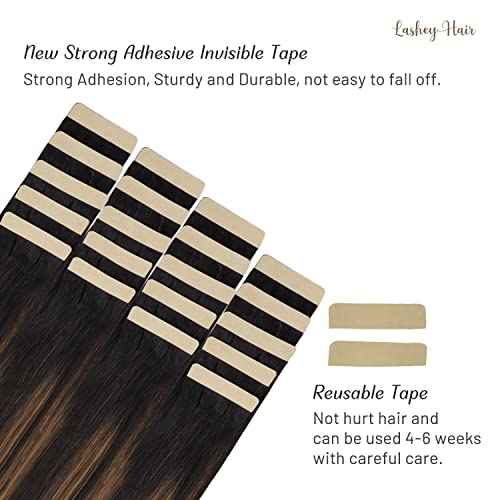 Tape in Hair Extensions Human Hair, 24 inch Natural Black Mixed Chestnut Brown Tape in Human Hair Extensions Lashey Straight Remy Hair Extensions Tape in 20pcs 50g