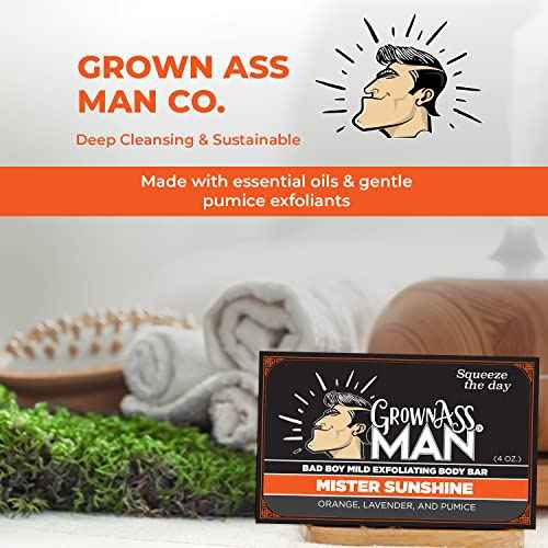 Grown Ass Man Co. Exfoliating Body Bars - Solid Soap with Natural Oils & Gentle Scrub - Plastic Free & Eco-Friendly, Natural & Organic for All Skin, 4oz Bar - Mister Sunshine - Mild Exfoliant, 6-Pack
